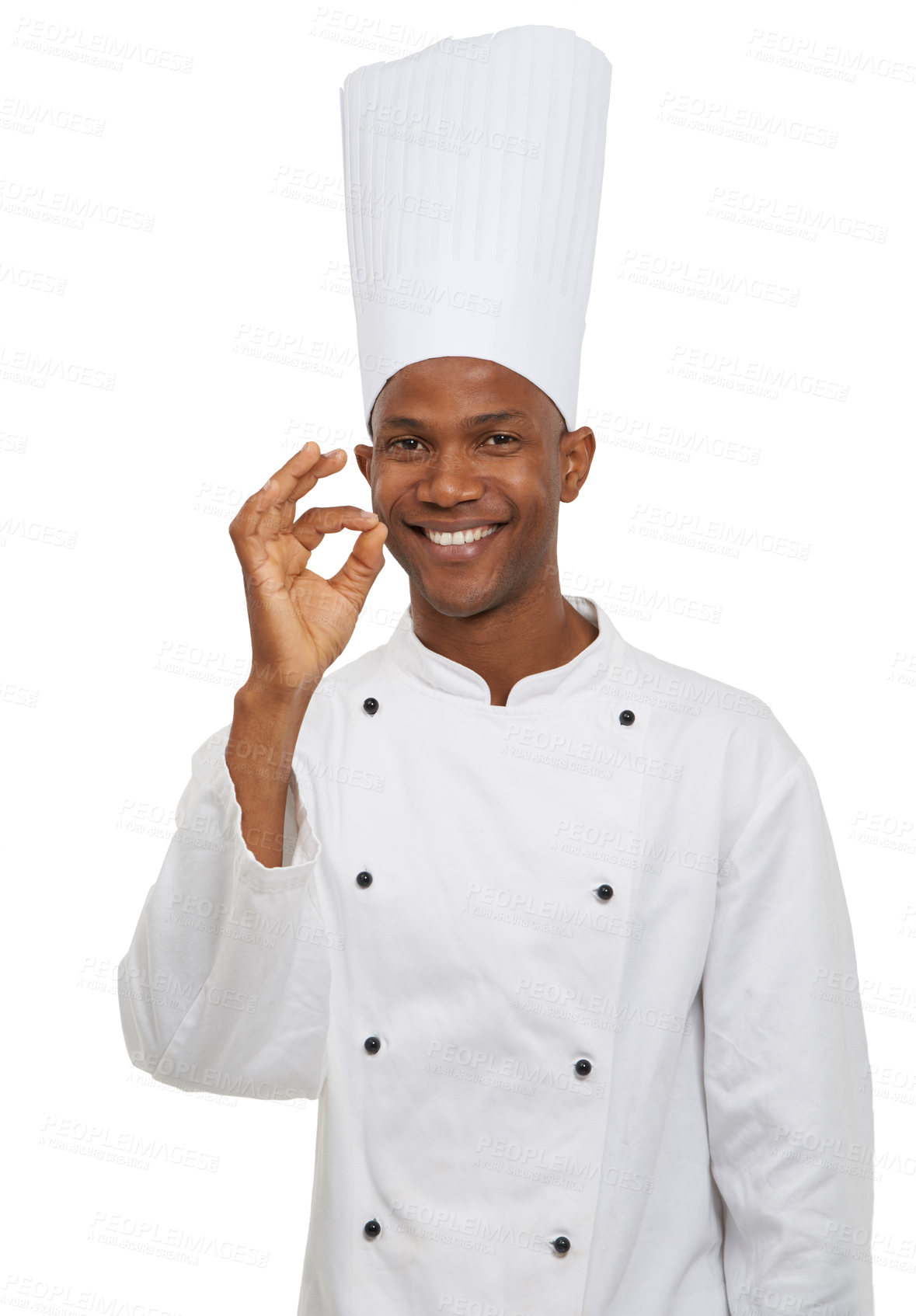 Buy stock photo Man, chef and perfect sign with portrait, professional and confident guy on white studio background. African person, culinary expert and mockup space with career, food industry and employee uniform