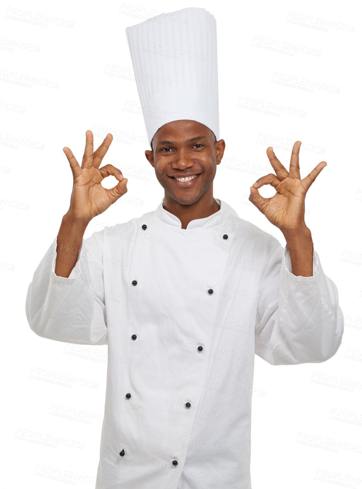Buy stock photo Man, chef and portrait with okay sign, culinary expert and confident guy on white studio background. African person, professional and mockup space with career, food industry and employee with uniform