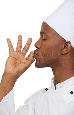 Buy stock photo Man, chef and eyes closed with okay sign, culinary expert and confident guy on white studio background. African person, professional and mockup space with career, food industry and delicious review