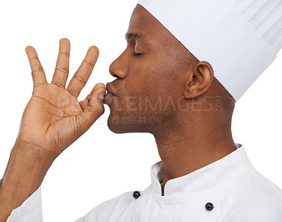 Buy stock photo Black man, chef and eyes closed with perfect sign, close up or confident guy on white studio background. African person, culinary expert and young with career, food industry and employee uniform