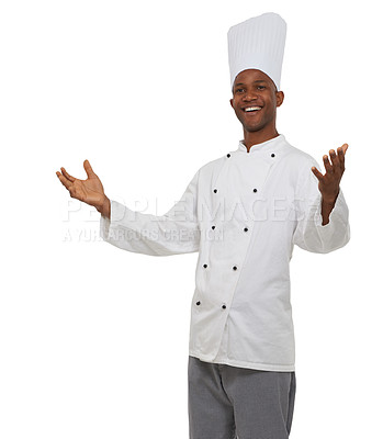 Buy stock photo Black man, chef and happy with hands, professional and confident guy on white studio background. African person, culinary expert and mockup space with career, food industry and employee with uniform