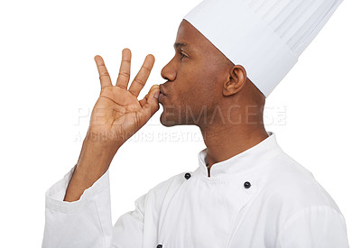 Buy stock photo Man, chef and worker with perfect sign, close up or confident guy on white studio background. African person, culinary expert and young with career, food industry and employee uniform