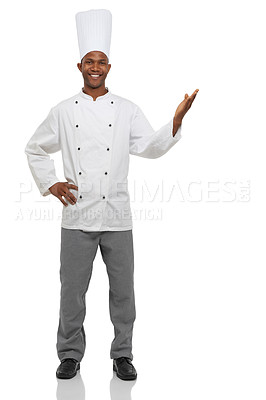 Buy stock photo A young chef gesturing against a white background