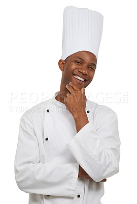Buy stock photo Portrait, happy man and chef thinking in studio isolated on a white background. Face, cooking professional and smile of young African person, baker and restaurant worker with catering job in Nigeria