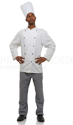 Buy stock photo Black man, chef and thinking of idea, professional and confident guy on white studio background. African person, culinary expert and mockup space with career, food industry and employee uniform