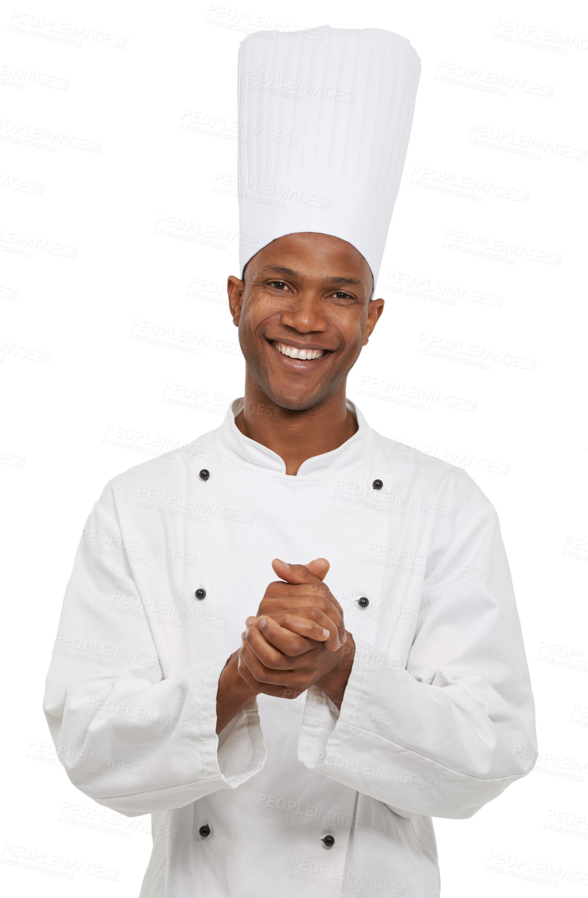 Buy stock photo Portrait, black man and happy chef in studio isolated on white background. Face, cooking professional and smile of young African person, baker or restaurant worker in hat with catering job in Nigeria