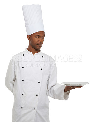 Buy stock photo Man, chef and empty plate presentation in studio isolated on a white background mockup space. African waiter, cooking and show dish in catering service, professional advertising menu and gastronomy