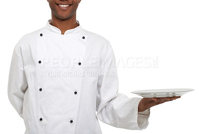 Buy stock photo Hands, chef and show empty plate in studio isolated on a white background mockup space. Waiter, cooking and presentation closeup of dish in catering service, professional advertising menu and smile