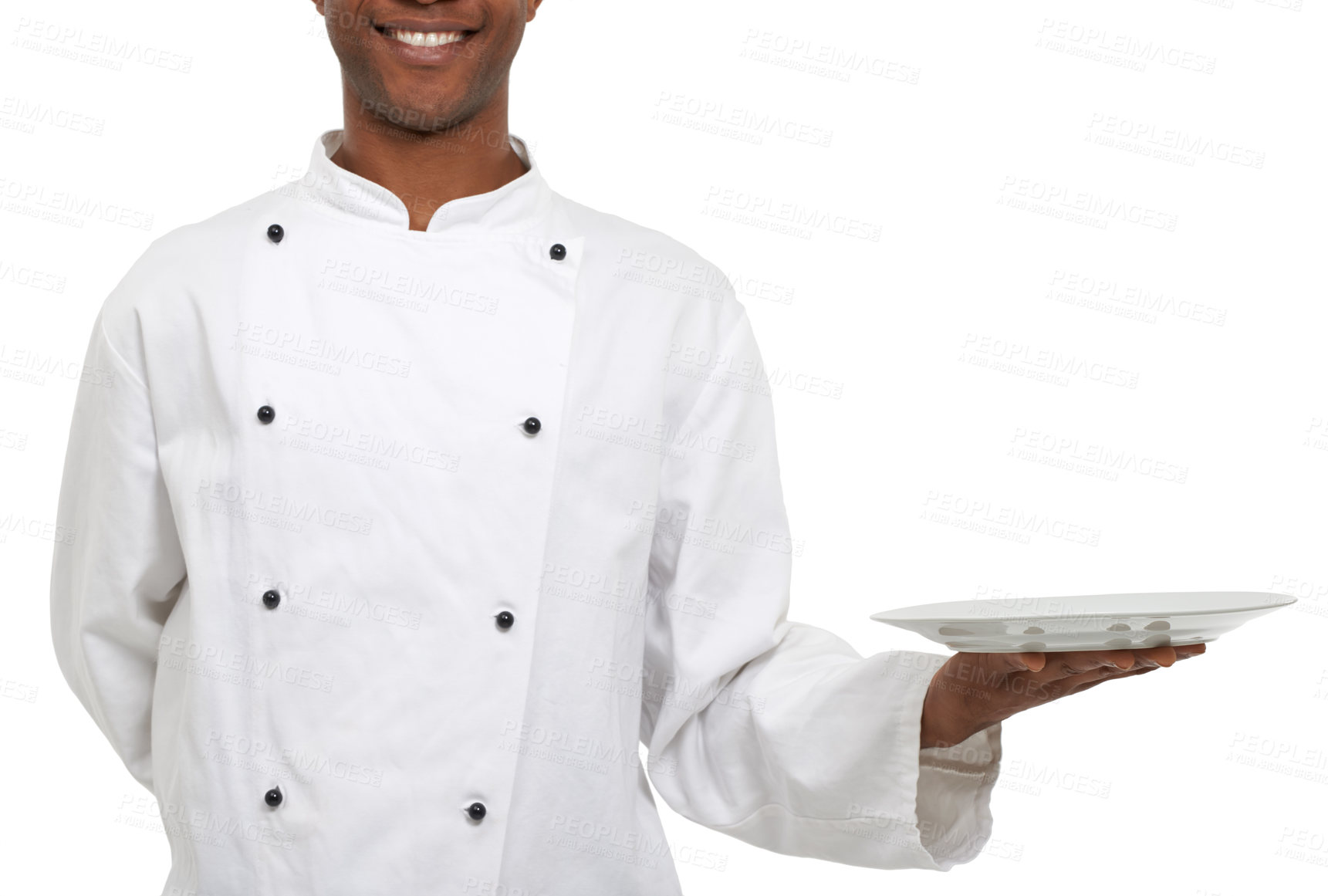 Buy stock photo Hands, chef and show empty plate in studio isolated on a white background mockup space. Waiter, cooking and presentation closeup of dish in catering service, professional advertising menu and smile