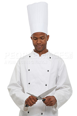 Buy stock photo Black man, chef and sharpen knife in studio isolated on a white background. Cooking, professional and honing steel tool, metal and utensil for restaurant preparation, working and culinary service