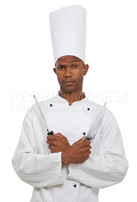 Buy stock photo Black man, chef and portrait with knife sharpener in studio isolated on a white background. Face, cooking professional or blade, metal steel tool or utensil for serious catering service in restaurant