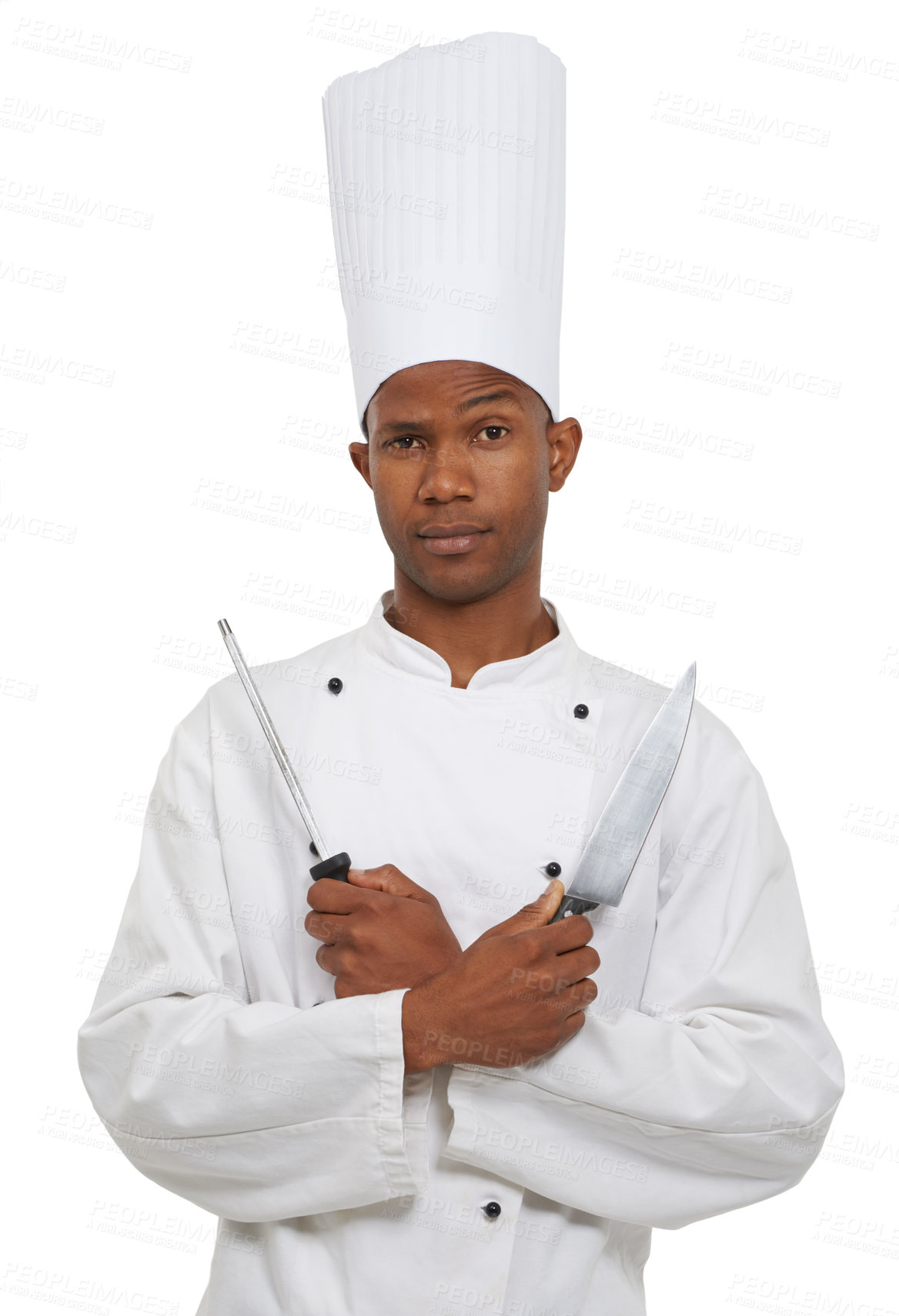 Buy stock photo Black man, chef and portrait with knife sharpener in studio isolated on a white background. Face, cooking professional or blade, metal steel tool or utensil for serious catering service in restaurant