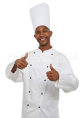 Buy stock photo Black man, chef and portrait with thumbs up, happy and confident guy on white studio background. African person, culinary expert and mockup space with career, food industry and employee uniform