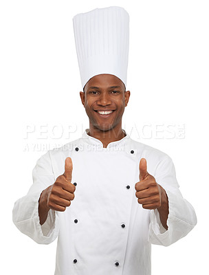 Buy stock photo Man, chef and portrait with thumbs up, confident and professional guy on white studio background. African person, culinary expert and mockup space with career, food industry and employee uniform
