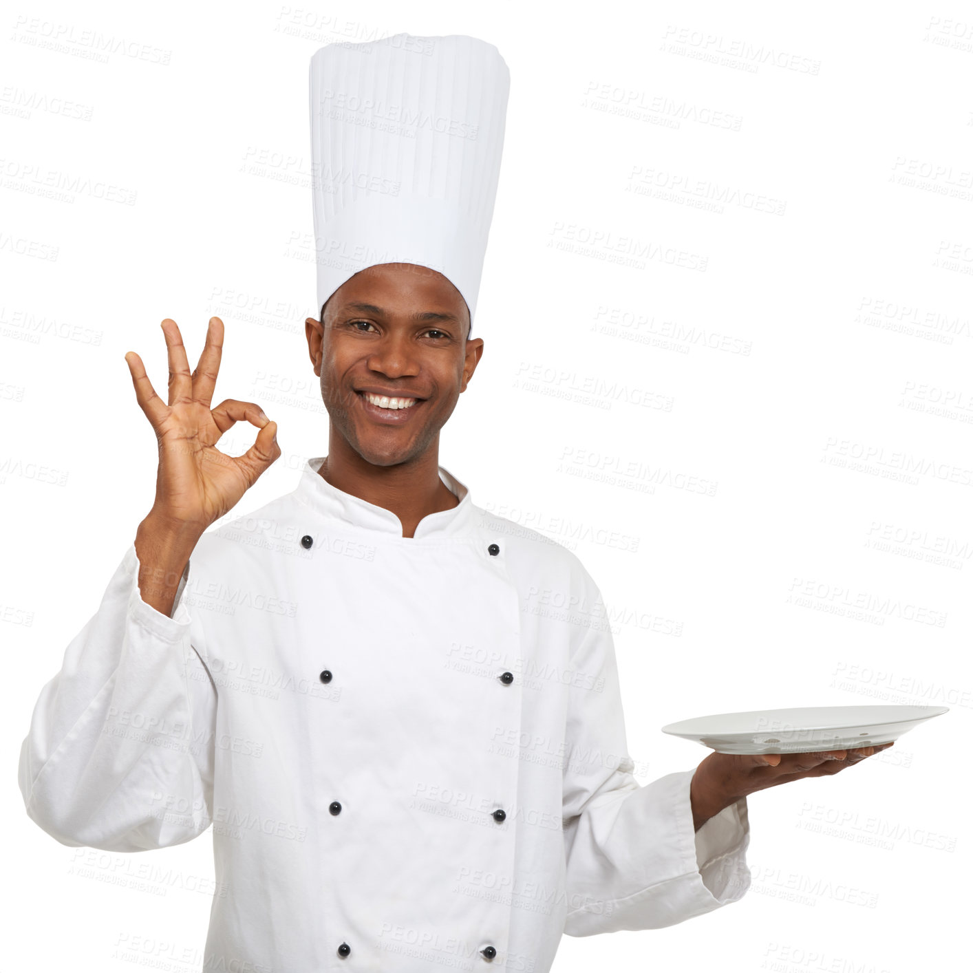 Buy stock photo Portrait of an african chef signaling 
