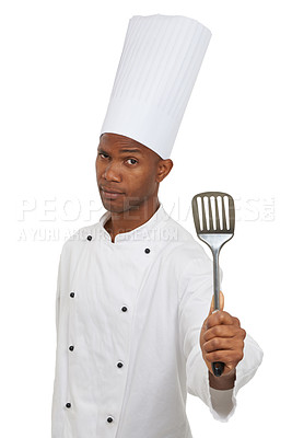Buy stock photo Man, chef and portrait with spatula tool in studio isolated on white background. Face, professional cook and kitchen turner, metal or utensil for serious African restaurant worker in catering service