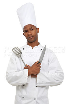 Buy stock photo Man, chef and portrait with spatula knife in studio isolated on white background. Face, cooking professional or kitchen turner, metal or blade of serious African restaurant worker in catering service