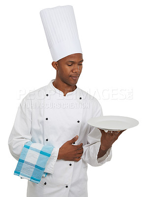 Buy stock photo Man, chef and show empty plate in studio isolated on a white background mockup space. African person, cooking and dish presentation in catering service, professional advertising menu and restaurant