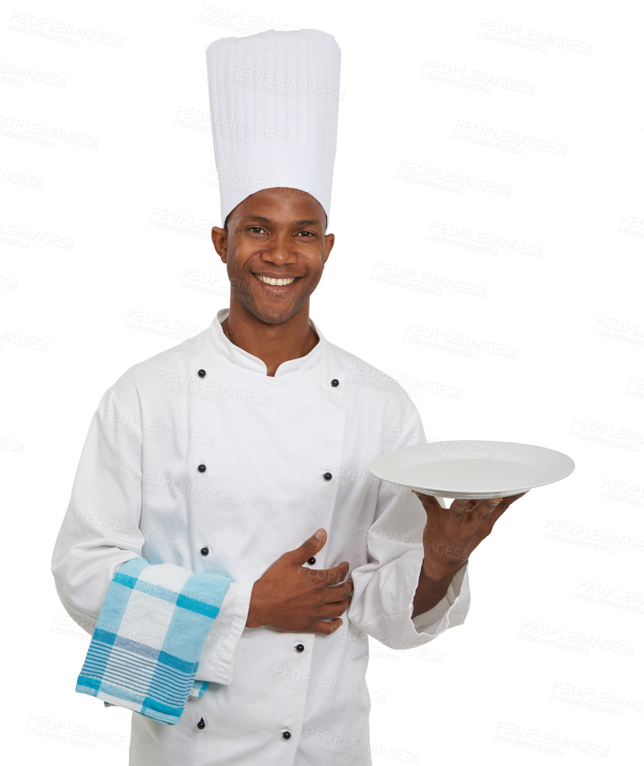 Buy stock photo Portrait, chef and plate in studio in hospitality career, happy server, waiter and professional in food industry. African man, catering job and smile on face and serving with hat by white background