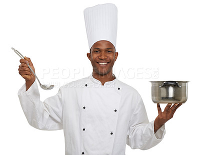 Buy stock photo Portrait, african chef and pot with ladle in studio in hospitality career, taste and happy of dish in restaurant. Black man, smile and creative recipe in pride and uniform on a white background