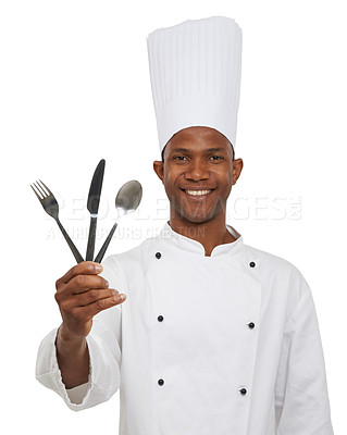 Buy stock photo Portrait, african chef and happy with utensils in studio in hospitality career, service ready and job pride. Black man, smile and cutlery in hand in catering and uniform by hat on white background