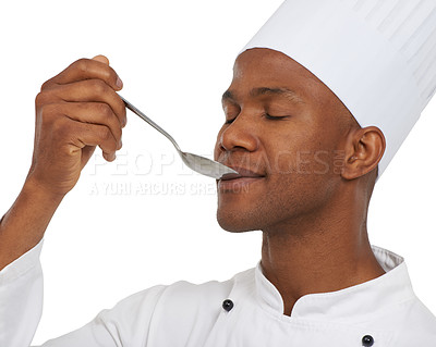 Buy stock photo Recipe, chef and spoon to taste food in studio and hospitality career for creative cooking in restaurant job. Black man, eating or pride by delicious dish or enjoy in catering job by white background