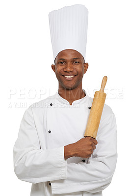 Buy stock photo Portrait, african chef and happy in studio by rolling pin, confident and professional bake in hospitality job. Black man, smile face and service in career pride and uniform by hat by white background