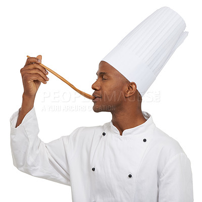 Buy stock photo Recipe, chef and spoon to taste dish in studio and hospitality career for creative cooking in restaurant job. Black man, eating or pride by delicious food or enjoy in catering by white background