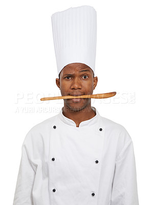Buy stock photo Portrait, chef and black man with spoon in mouth isolated on white studio background. Person, kitchen utensil and serious face of cooking professional, baker or restaurant worker in catering service