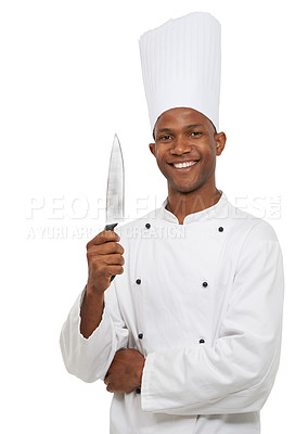 Buy stock photo Chef, knife and portrait of happy black man in studio isolated on white background. Face, cooking professional and kitchen blade, metal or utensil for African restaurant worker in catering service