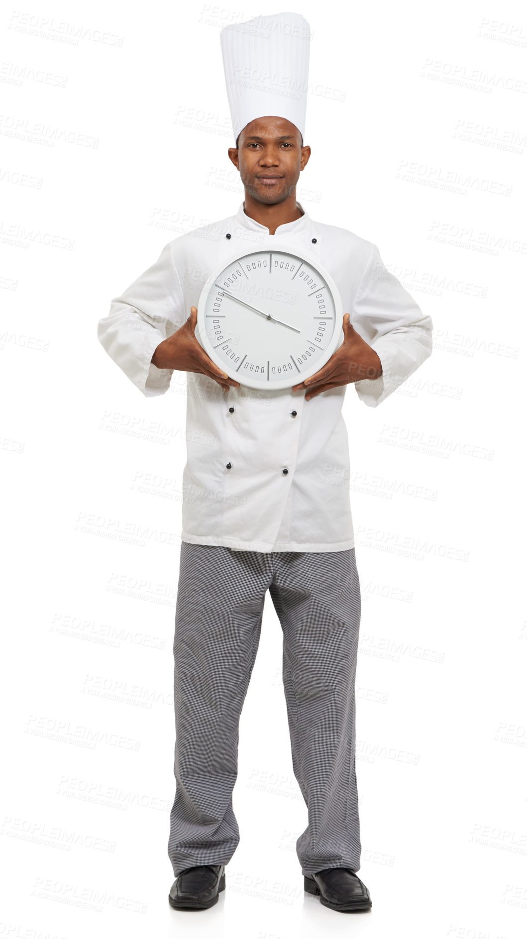 Buy stock photo Chef, portrait and man with clock for time, speed or deadline isolated on a white studio background. Serious, cooking professional and countdown alarm for fast urgency of African person in catering