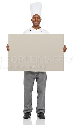 Buy stock photo Portrait of an african chef standing behind copyspace