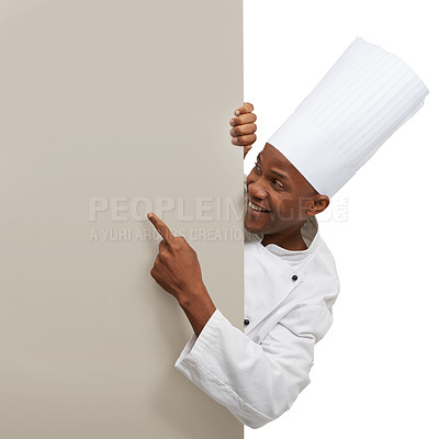 Buy stock photo Banner, hand pointing or black man chef with studio poster for checklist, menu or space on white background. Bakery, presentation or baker with food, cooking or tips billboard, guide or steps mockup