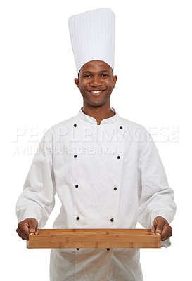 Buy stock photo Portrait, happy chef and tray in studio in hospitality career, young cook and pride in small business entrepreneur. Black man, face or food service in confidence or uniform by hat by white background