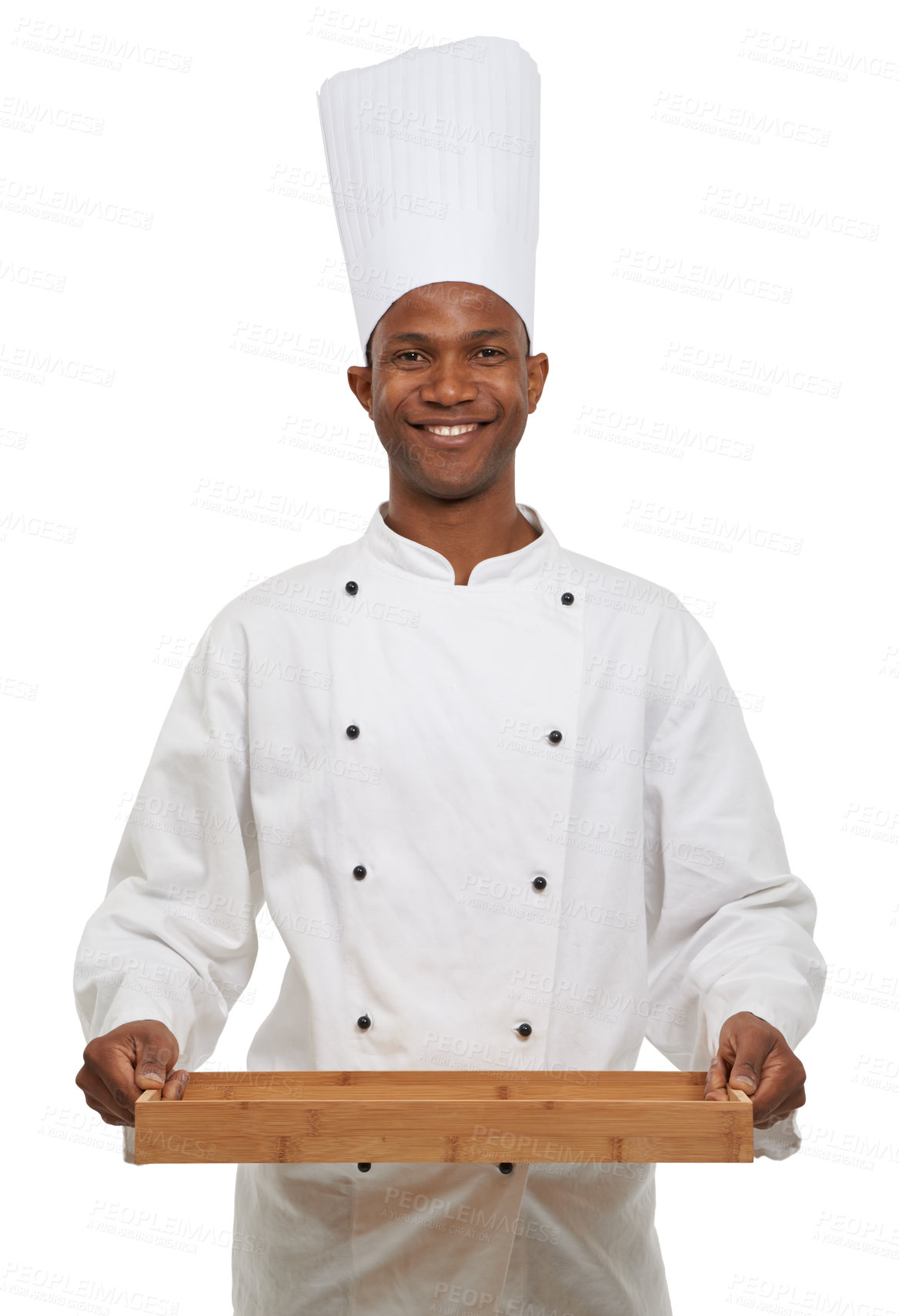 Buy stock photo Portrait, happy chef and tray in studio in hospitality career, young cook and pride in small business entrepreneur. Black man, face or food service in confidence or uniform by hat by white background