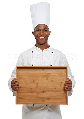 Buy stock photo Portrait, positive chef or tray in studio in hospitality career, cook or pride of empty dish in restaurant startup. Black man, face or serving food in confidence or uniform or hat by white background