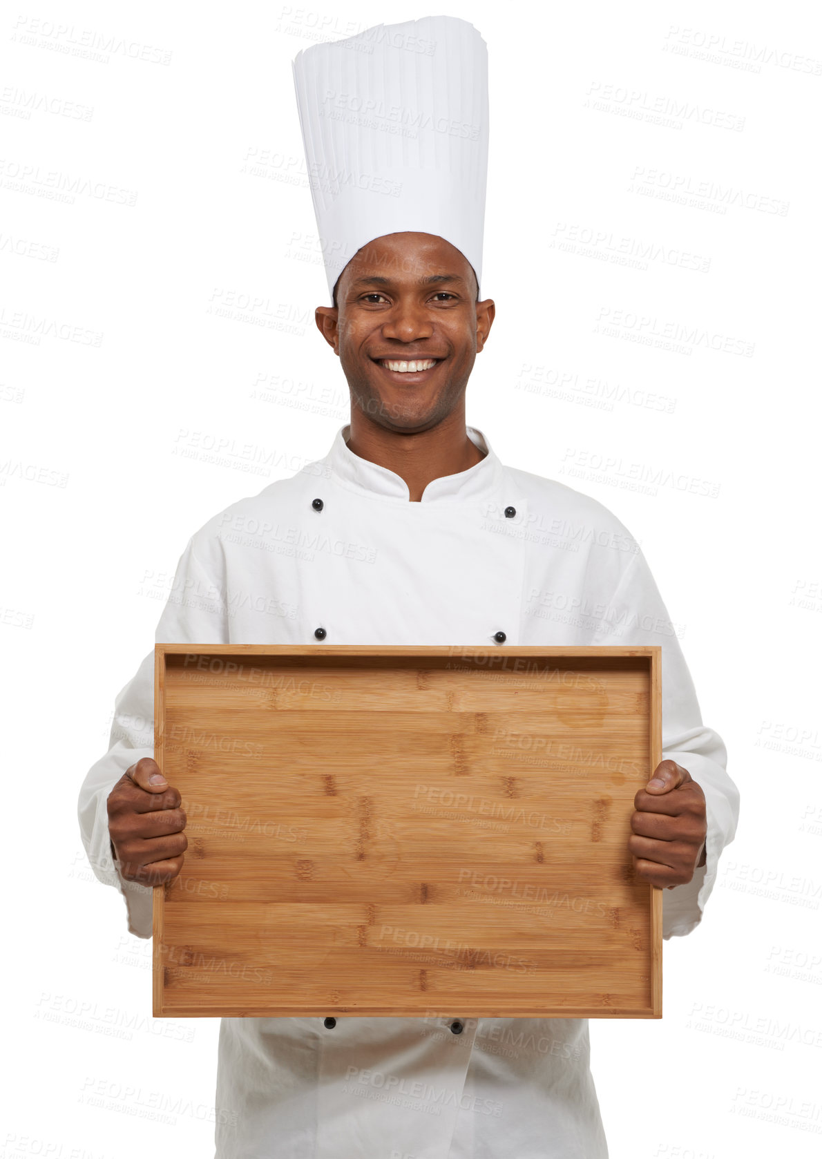 Buy stock photo Portrait, positive chef or tray in studio in hospitality career, cook or pride of empty dish in restaurant startup. Black man, face or serving food in confidence or uniform or hat by white background