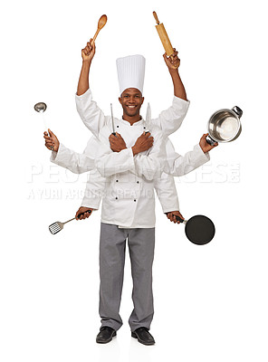 Buy stock photo A chef with eight arms holding different cooking utensils in them