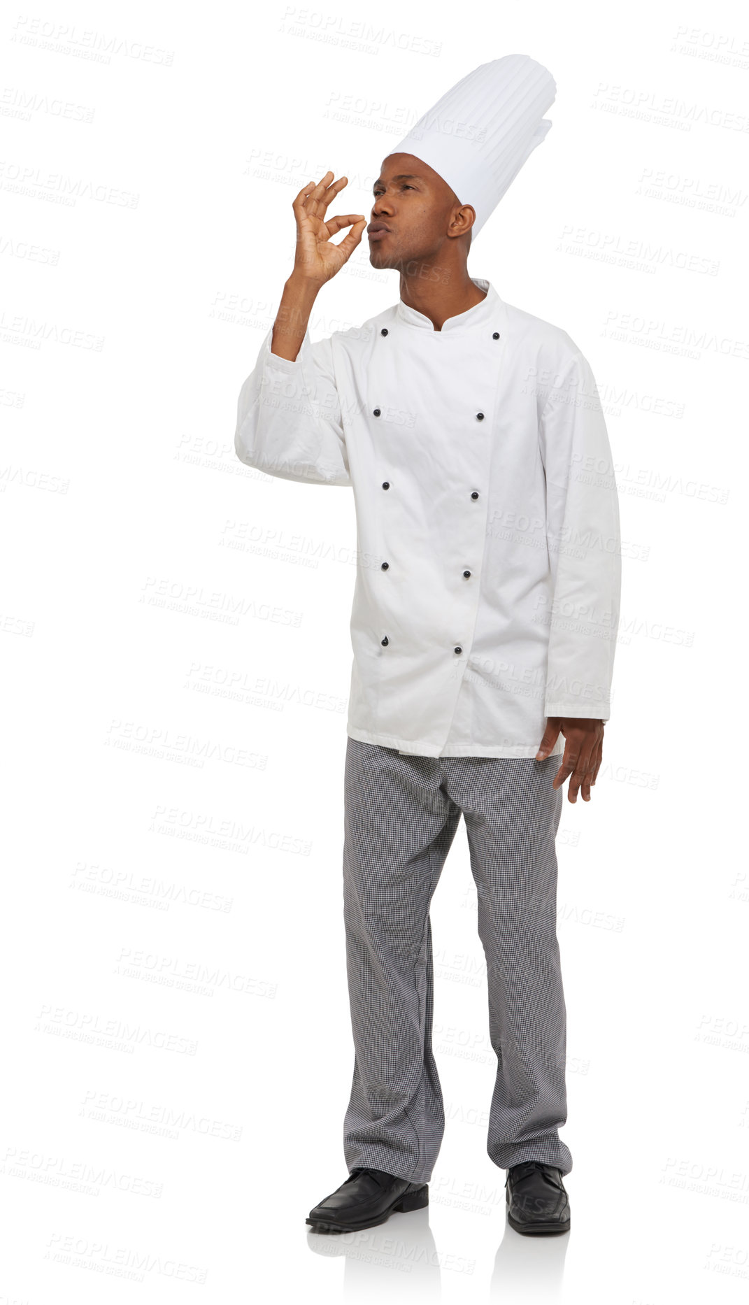 Buy stock photo Chef, man and perfect sign with hands, professional and confident guy on white studio background. African person, culinary expert and mockup space with career, food industry and employee with uniform