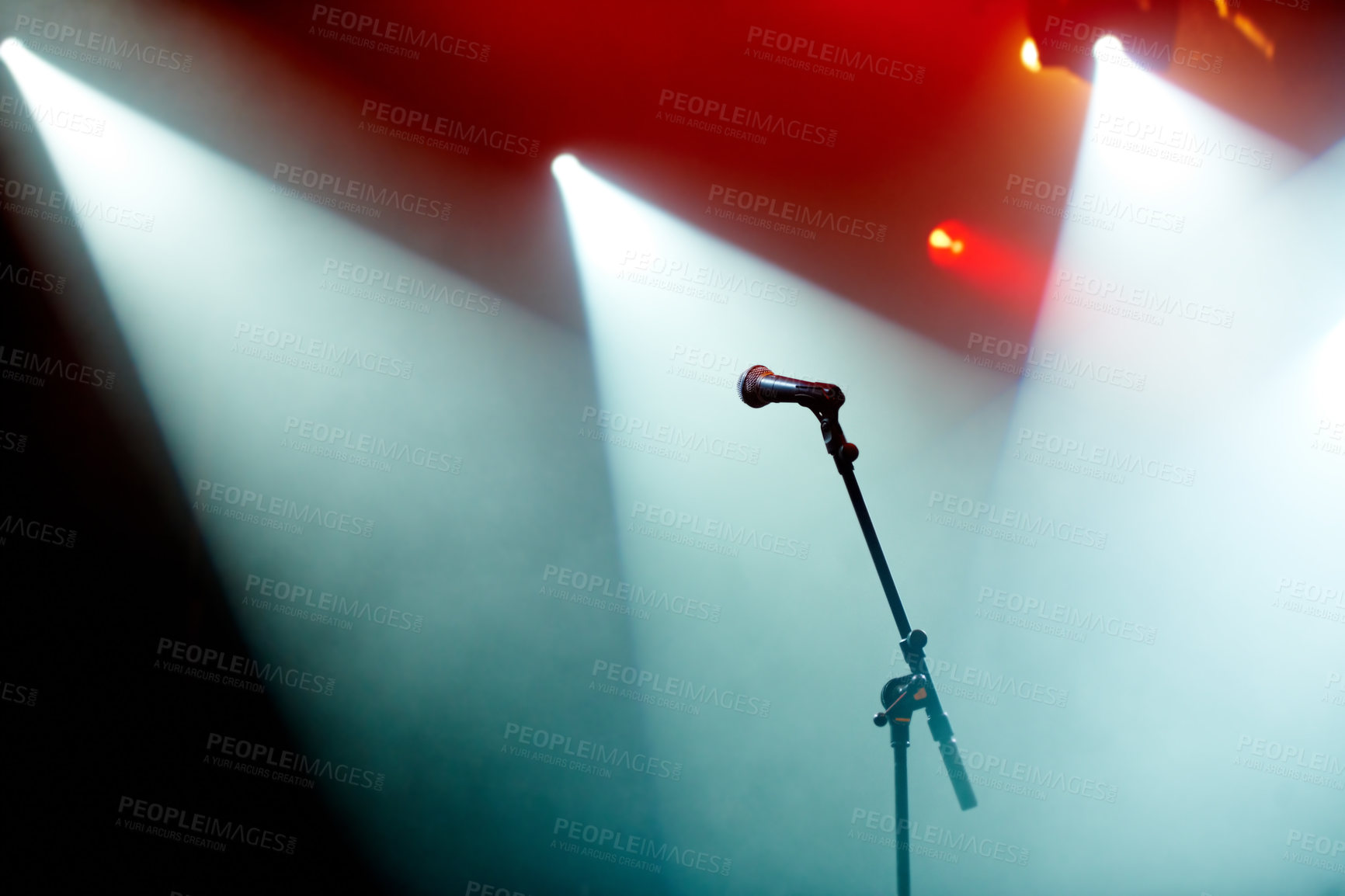 Buy stock photo A microphone stand on an empty stage
