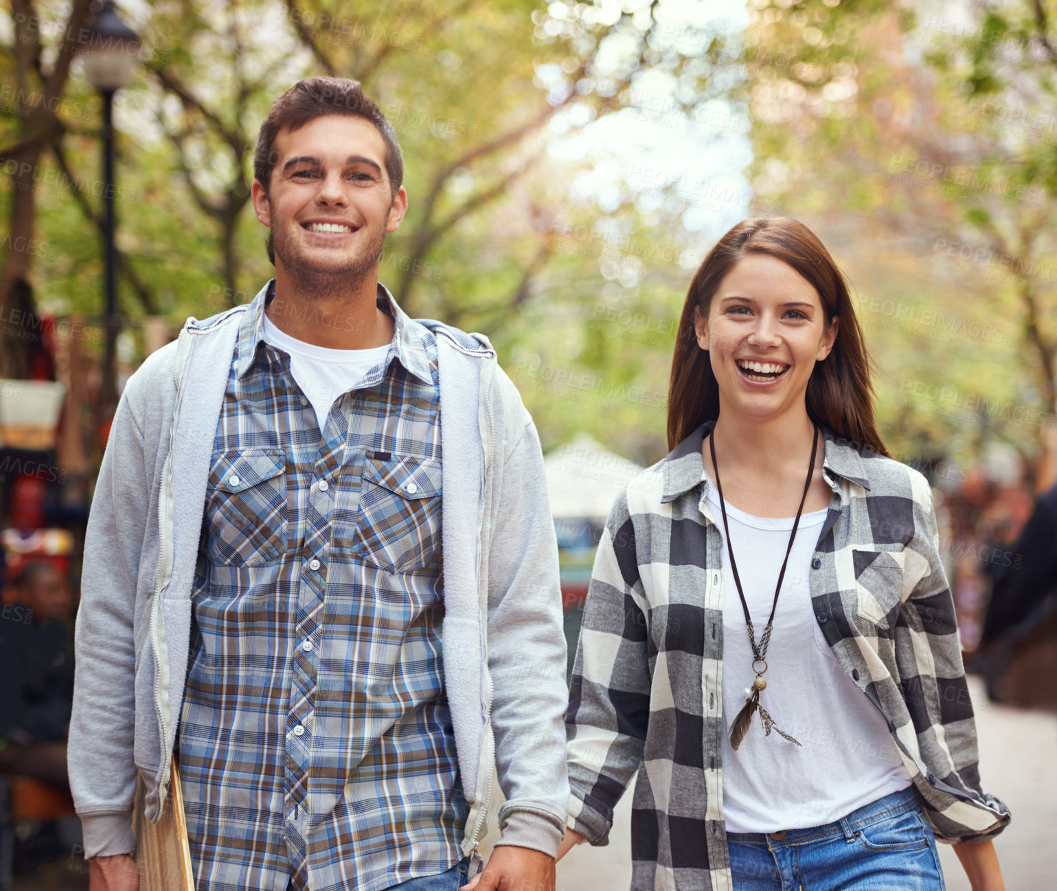 Buy stock photo Portrait, walking and happy couple holding hands on city journey, morning trip and tour of urban Paris for outdoor adventure. Love, travel and bonding man, woman or people together on relax commute