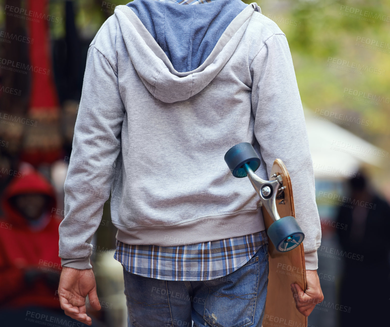 Buy stock photo Back, closeup and man with a skateboard, outdoor and fitness with exercise, hipster and freedom. Extreme sports, person and cool guy with balance, New York city and skater with summer break or travel