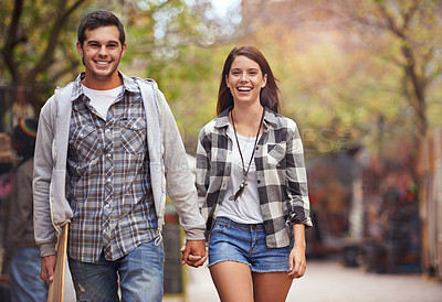 Buy stock photo Portrait, walk and couple holding hands, smile and happy on relax journey, morning trip or weekend date. Relationship bond, lover and young romantic people commute on street, road or sidewalk