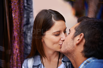 Buy stock photo Outdoor, kissing and couple with love, marriage and anniversary with romance, bonding together and New York city. Happiness, man and woman with joy, relationship or dating with trust, care or support