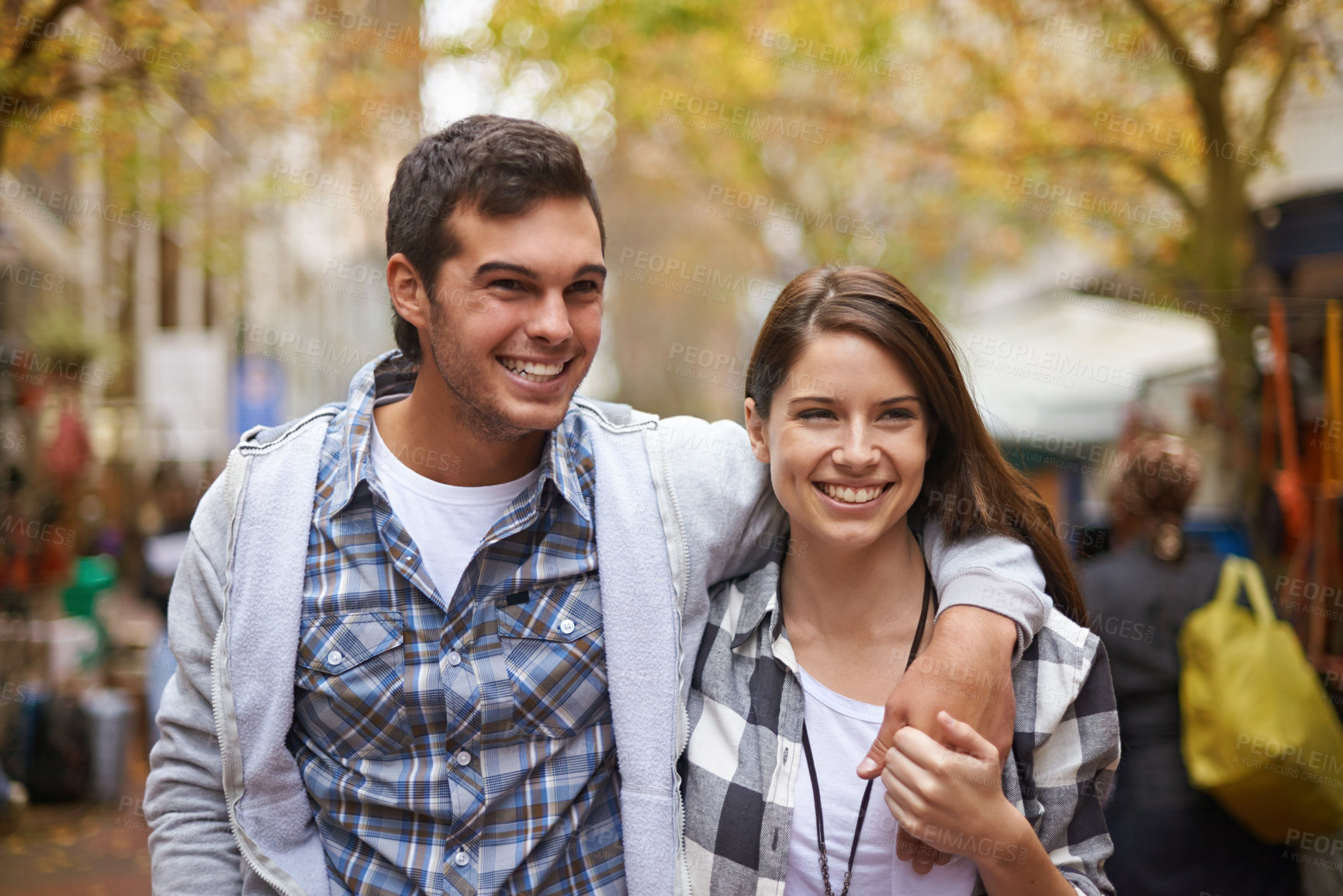 Buy stock photo Happy, walking and couple holding hands, hug and enjoy city date, morning trip and tour of urban Paris for outdoor adventure. Love, travel and bonding boyfriend, girlfriend or people on relax commute