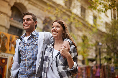 Buy stock photo Happy, walk and urban couple hug, smile and bonding on relax journey, morning trip or weekend date. Relationship trust, security and romantic people commute for public tour, fresh air or wellness