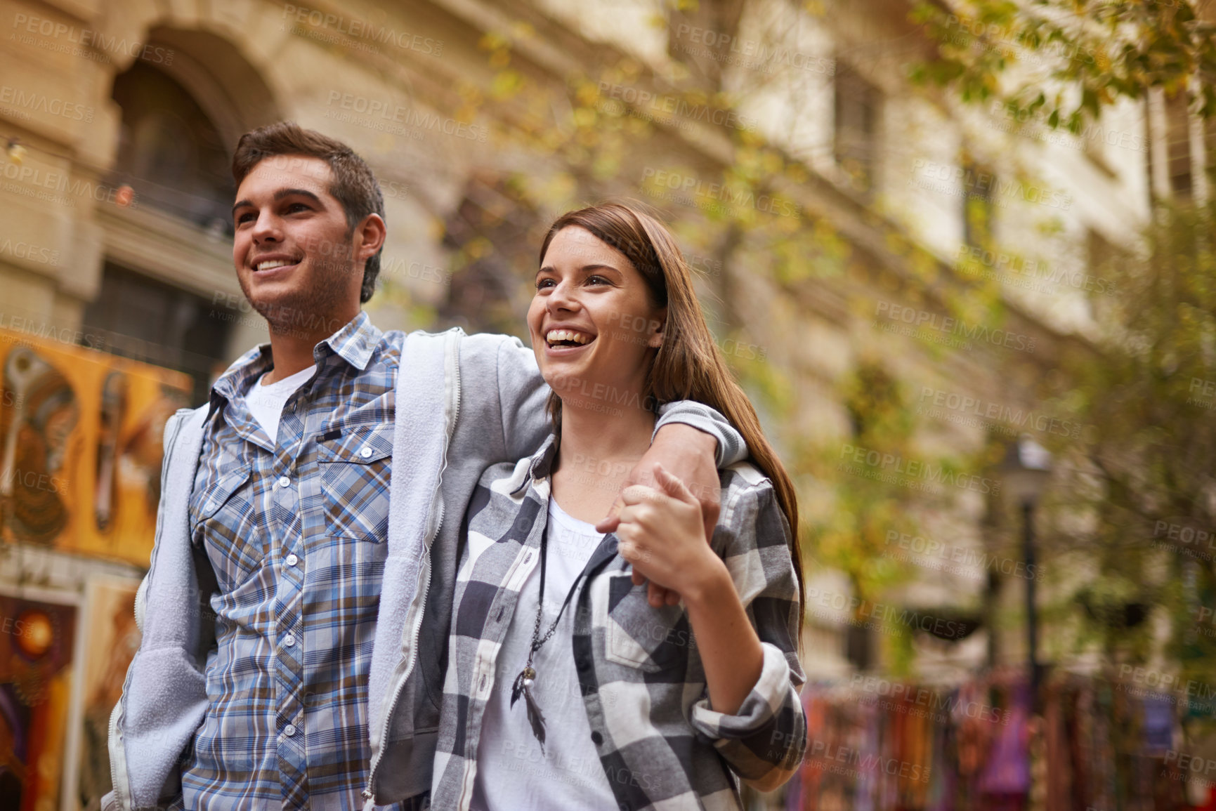 Buy stock photo Happy, walk and urban couple hug, smile and bonding on relax journey, morning trip or weekend date. Relationship trust, security and romantic people commute for public tour, fresh air or wellness