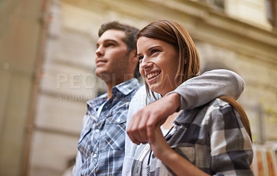 Buy stock photo Happiness, hug and couple walking on relax date, morning trip and holiday tour to explore urban Italy on outdoor adventure. Love, travel and bonding boyfriend, girlfriend or people smile on commute