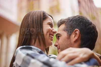 Buy stock photo Love, hug and face of couple laughing together, having fun and enjoy outdoor date with care, support and humour. Comedy, funny joke and happy girlfriend, boyfriend or people bonding in urban city