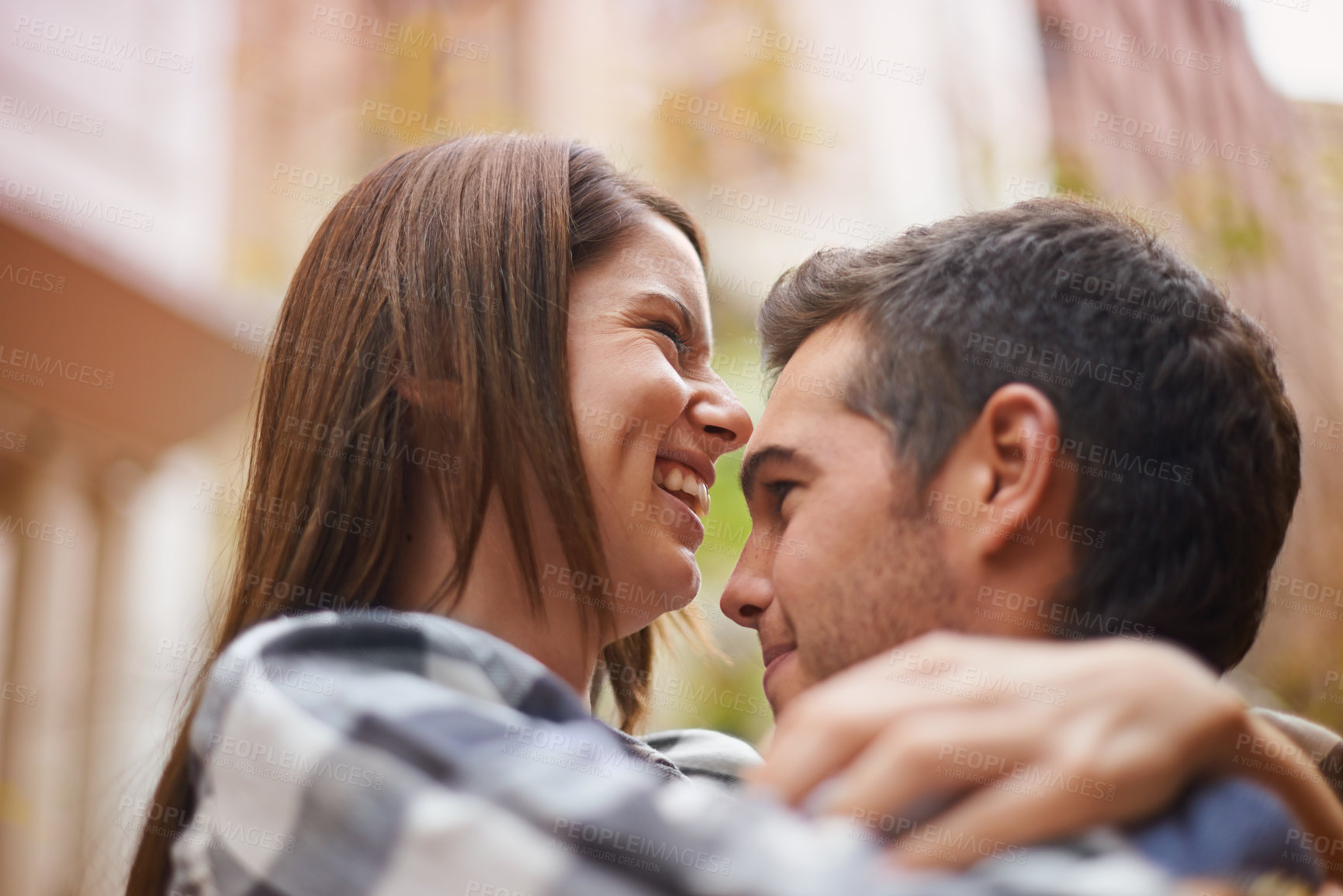 Buy stock photo Love, hug and face of couple laughing together, having fun and enjoy outdoor date with care, support and humour. Comedy, funny joke and happy girlfriend, boyfriend or people bonding in urban city